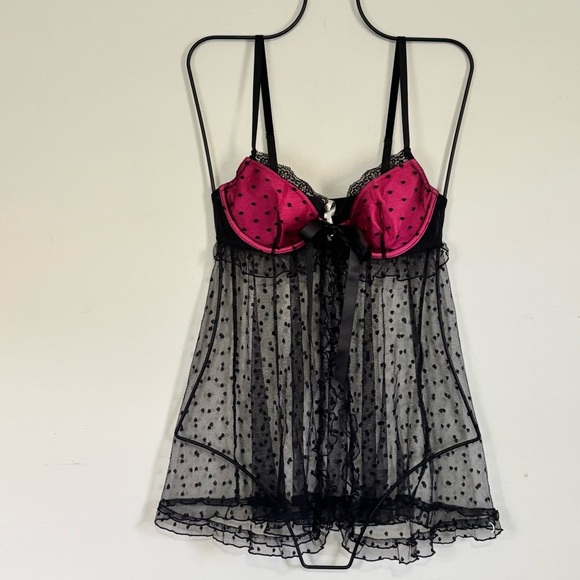 VICTORIA’S SECRET Women’s Black Pink Mesh Lace Teddy Bustier Underwire Size 34C - Picture 1 of 11